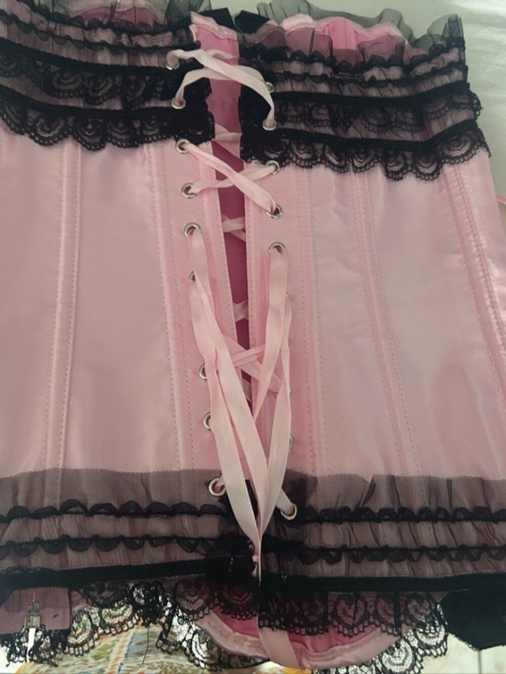 Pink & Black Lace Ribbon Corset  XXS